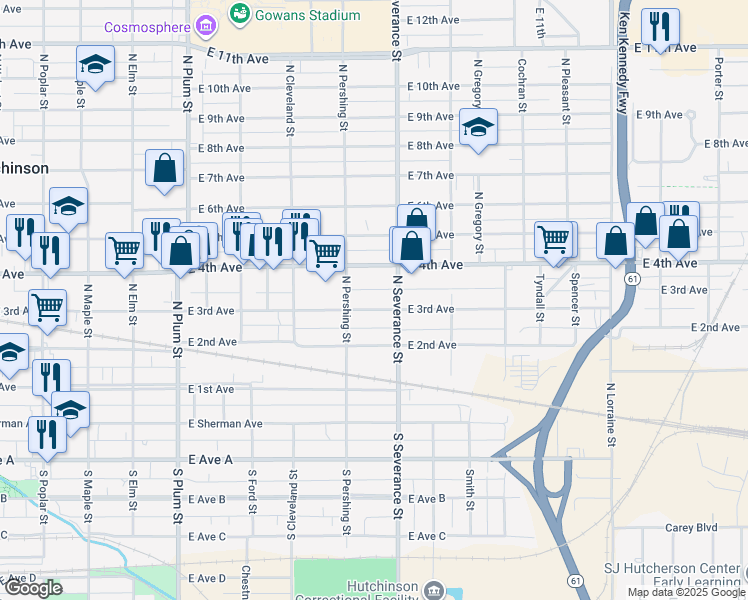 map of restaurants, bars, coffee shops, grocery stores, and more near 816 East 3rd Avenue in Hutchinson