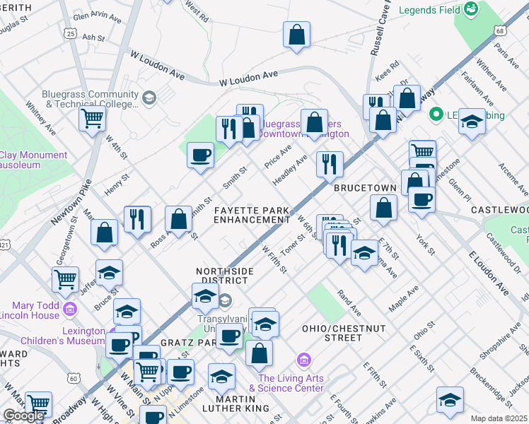 map of restaurants, bars, coffee shops, grocery stores, and more near 417 Fayette Park in Lexington