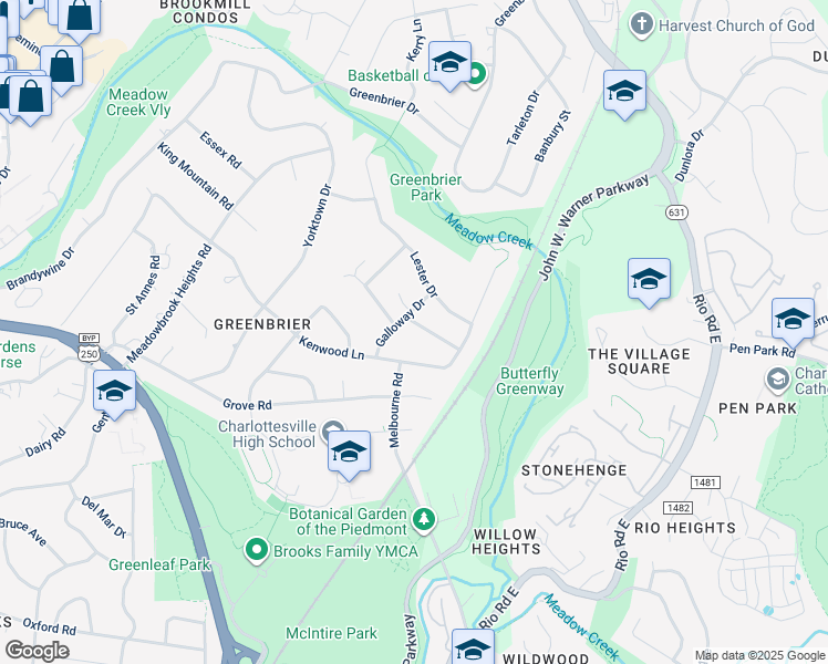 map of restaurants, bars, coffee shops, grocery stores, and more near 1312 Carter Lane in Charlottesville
