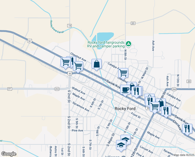 map of restaurants, bars, coffee shops, grocery stores, and more near 304 North 5th Street in Rocky Ford