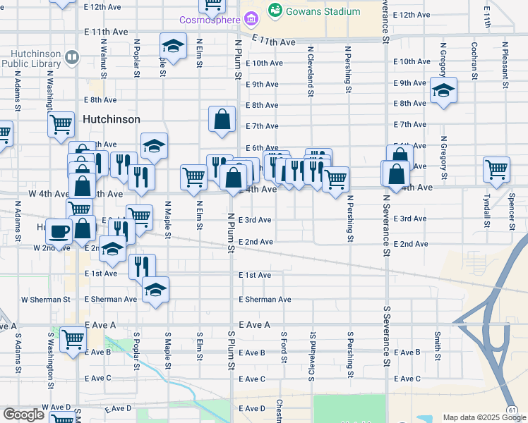 map of restaurants, bars, coffee shops, grocery stores, and more near 546 East 3rd Avenue in Hutchinson