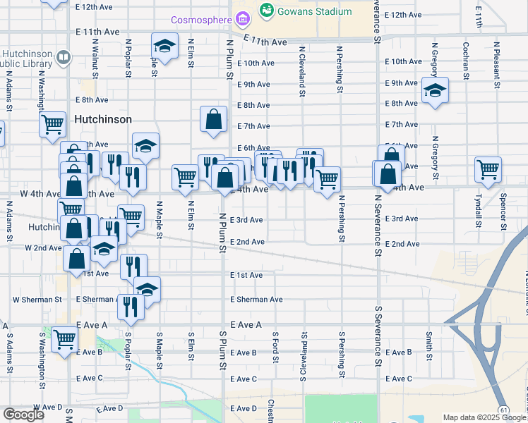 map of restaurants, bars, coffee shops, grocery stores, and more near 546 East 3rd Avenue in Hutchinson