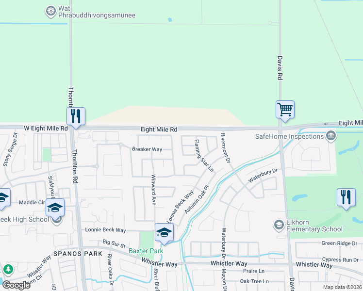 map of restaurants, bars, coffee shops, grocery stores, and more near 10849 Brookfield Avenue in Stockton