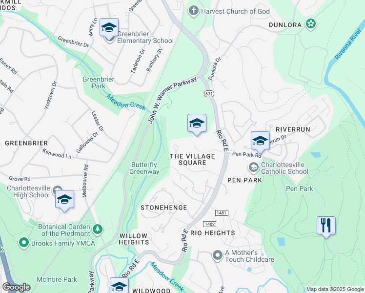 map of restaurants, bars, coffee shops, grocery stores, and more near 972 Towne Lane in Charlottesville