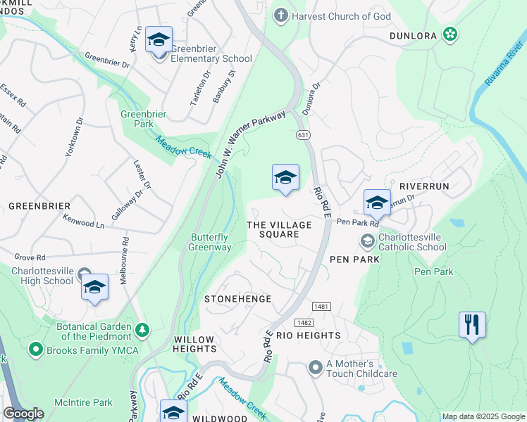 map of restaurants, bars, coffee shops, grocery stores, and more near 972 Towne Lane in Charlottesville