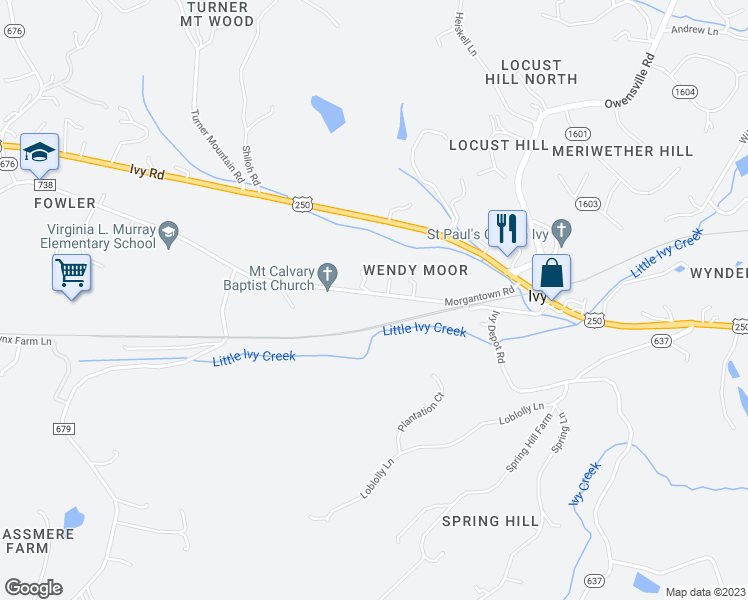 map of restaurants, bars, coffee shops, grocery stores, and more near 2971 Morgantown Road in Charlottesville