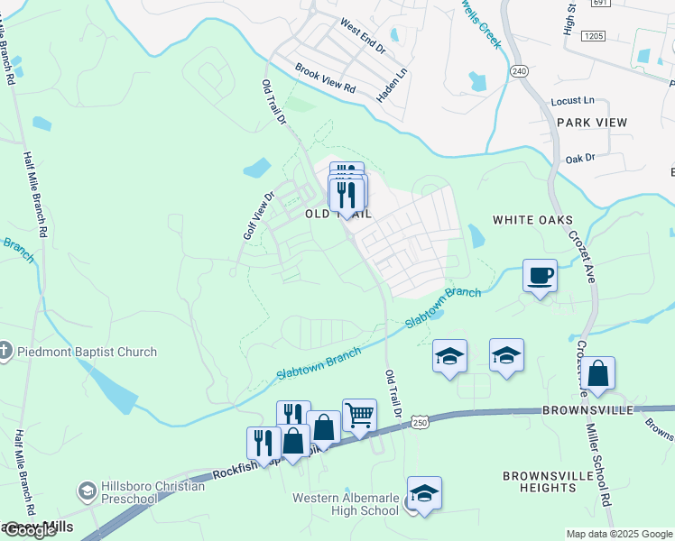 map of restaurants, bars, coffee shops, grocery stores, and more near 5380 Golf Dr in Crozet