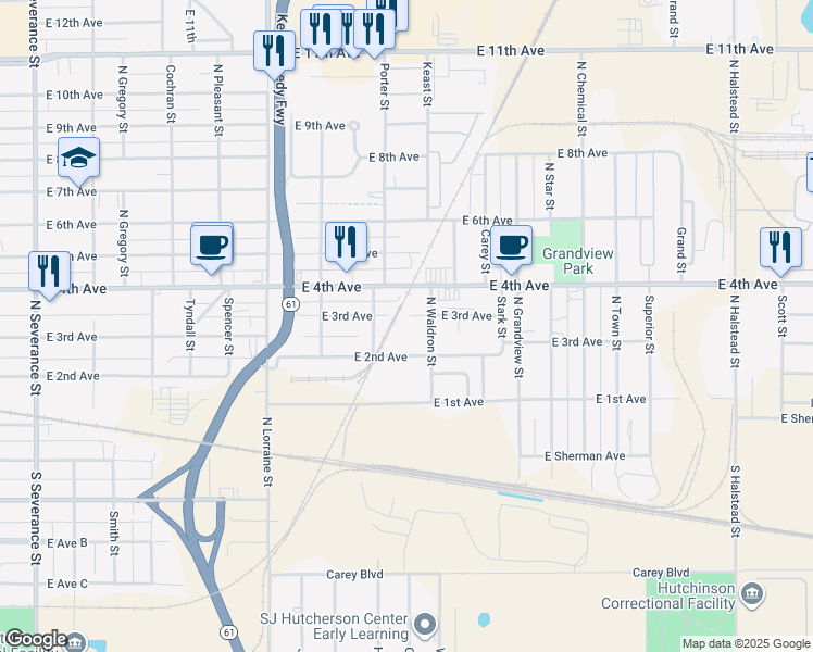 map of restaurants, bars, coffee shops, grocery stores, and more near 1604 East 3rd Avenue in Hutchinson