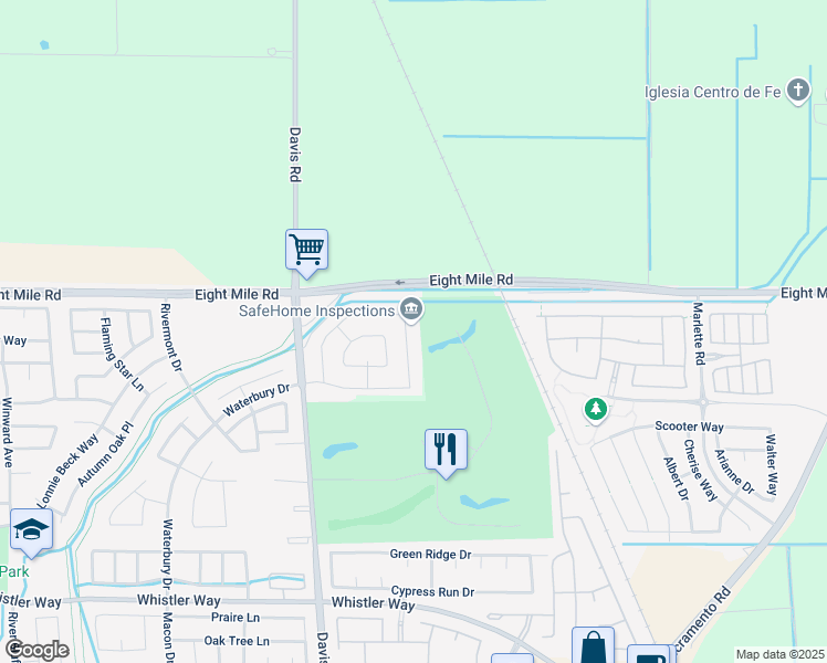map of restaurants, bars, coffee shops, grocery stores, and more near 10890 Saint Moritz Circle in Stockton