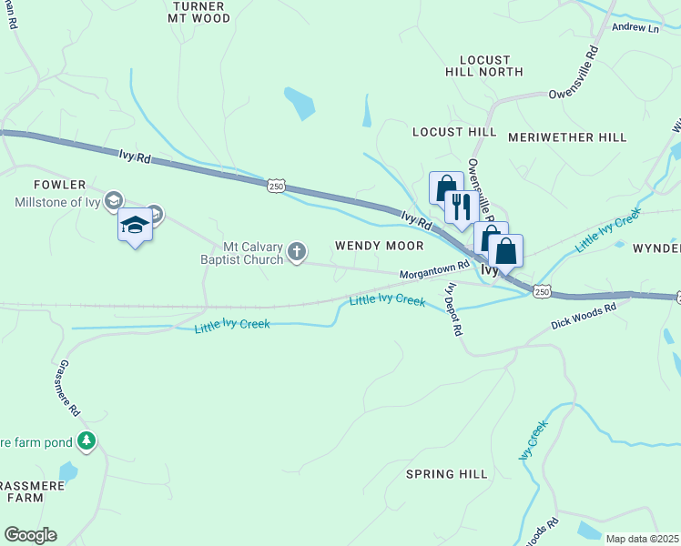 map of restaurants, bars, coffee shops, grocery stores, and more near 2971 Morgantown Road in Charlottesville