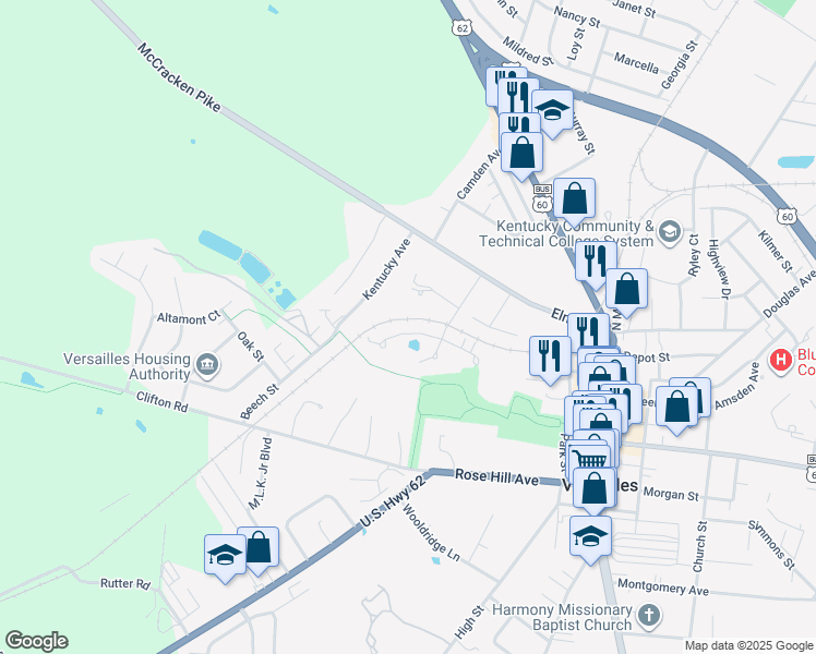 map of restaurants, bars, coffee shops, grocery stores, and more near 173 Spring Run Road in Versailles