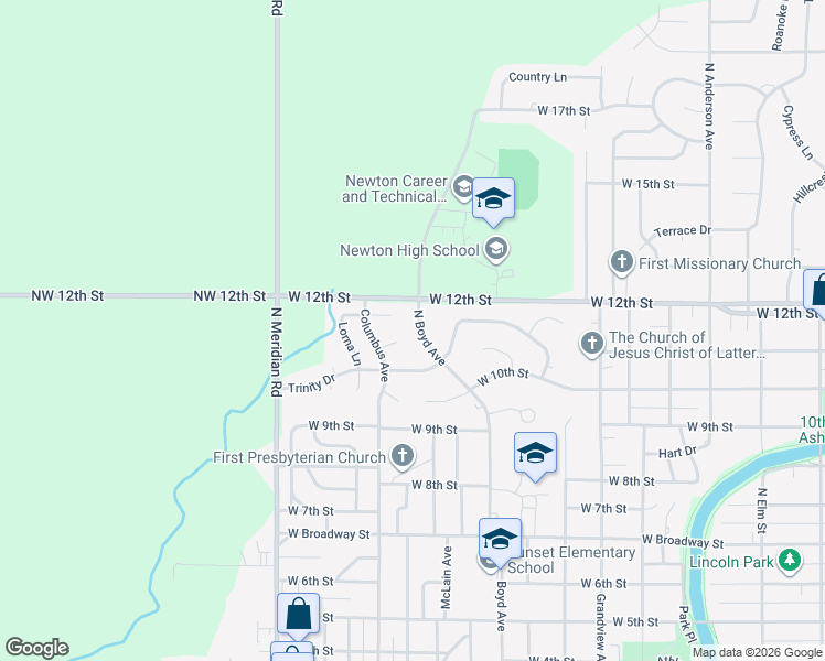 map of restaurants, bars, coffee shops, grocery stores, and more near 1217 Boyd Avenue in Newton