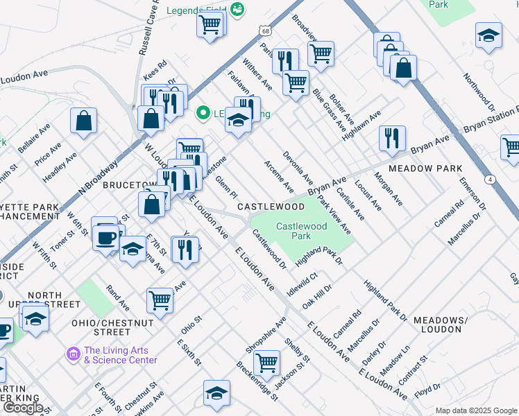 map of restaurants, bars, coffee shops, grocery stores, and more near 909 Bryan Avenue in Lexington