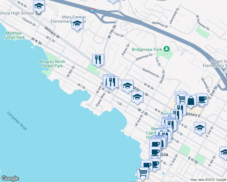 map of restaurants, bars, coffee shops, grocery stores, and more near 522 1/2 West K Street in Benicia