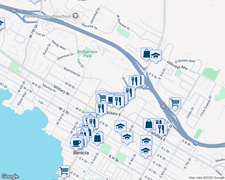 map of restaurants, bars, coffee shops, grocery stores, and more near 108 Incline Place in Benicia