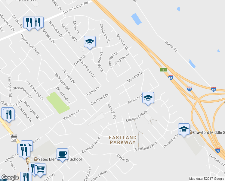 map of restaurants, bars, coffee shops, grocery stores, and more near 1800 Marietta Drive in Lexington