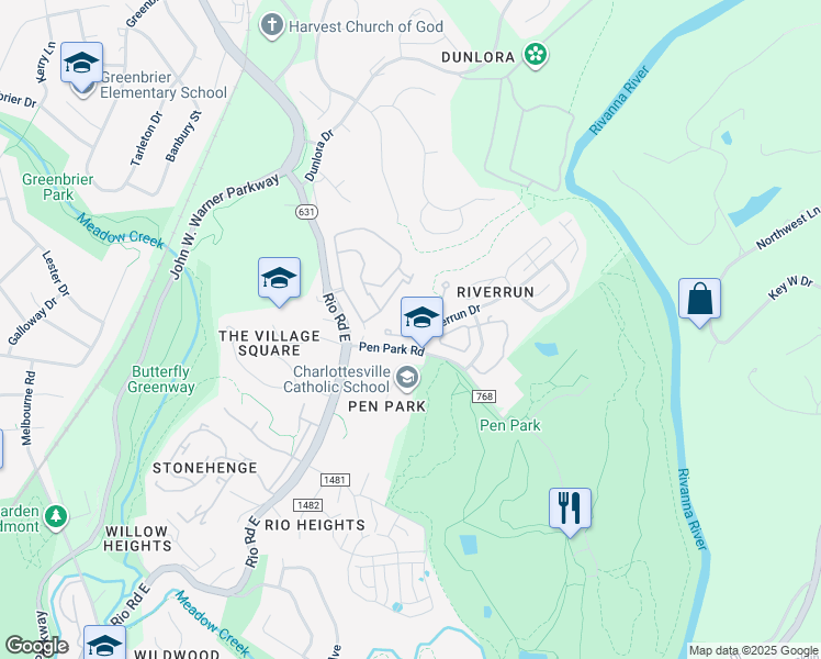 map of restaurants, bars, coffee shops, grocery stores, and more near 1220 Chatham Ridge in Charlottesville