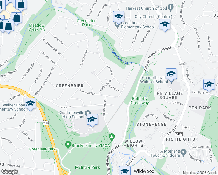 map of restaurants, bars, coffee shops, grocery stores, and more near 1312 Carter Lane in Charlottesville