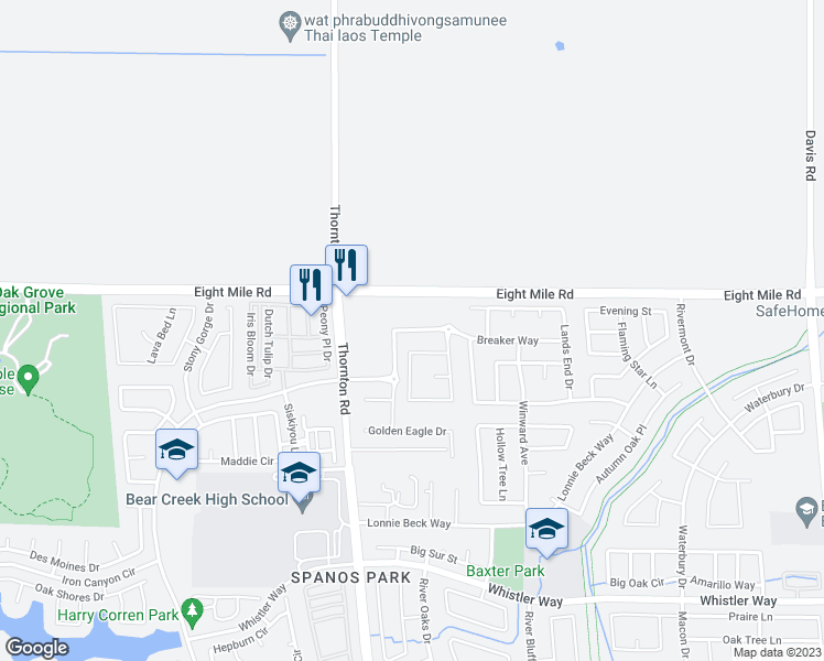 map of restaurants, bars, coffee shops, grocery stores, and more near 2829 Breaker Way in Stockton