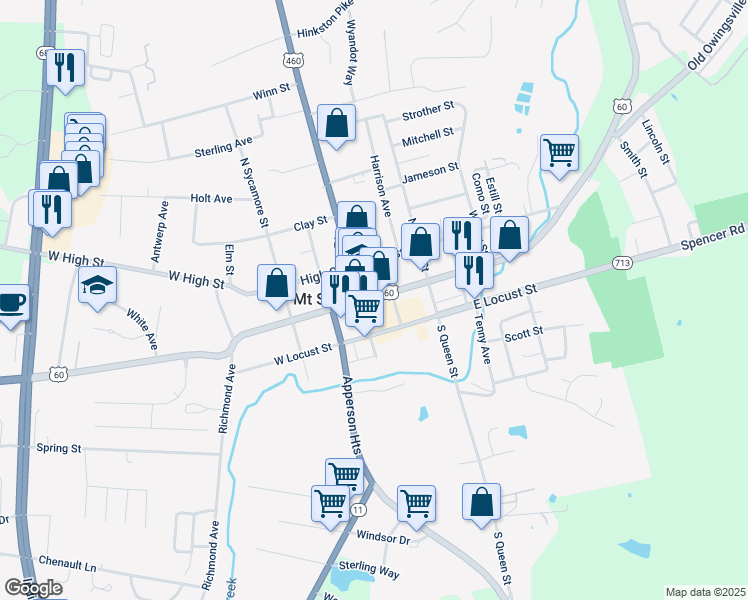 map of restaurants, bars, coffee shops, grocery stores, and more near 24 East Main Street in Mount Sterling