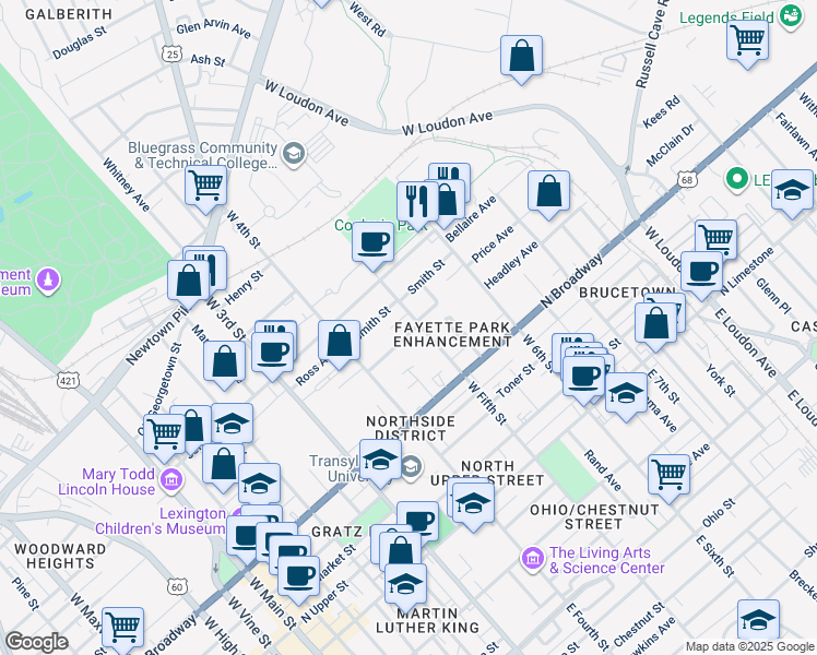 map of restaurants, bars, coffee shops, grocery stores, and more near 457 Bourbon Avenue in Lexington