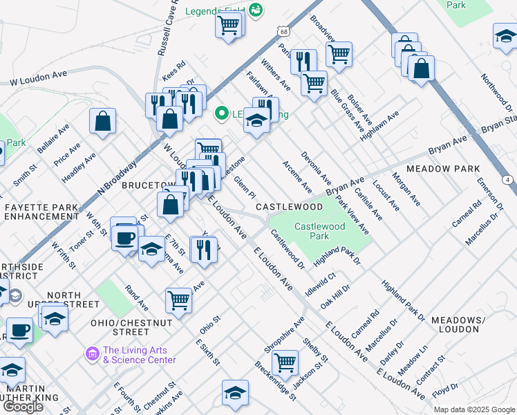 map of restaurants, bars, coffee shops, grocery stores, and more near 160 Glenn Place in Lexington