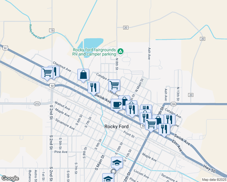map of restaurants, bars, coffee shops, grocery stores, and more near 501 North 8th Street in Rocky Ford