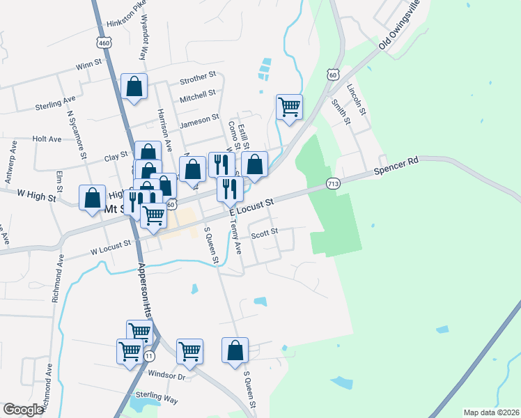 map of restaurants, bars, coffee shops, grocery stores, and more near 408 East Locust Street in Mount Sterling