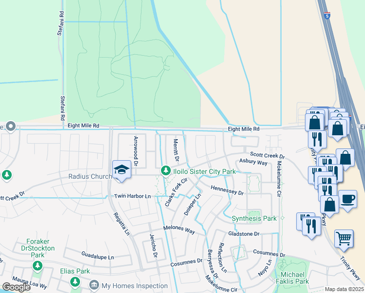 map of restaurants, bars, coffee shops, grocery stores, and more near 5908 Silver Oak Circle in Stockton