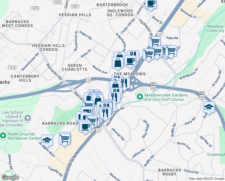 map of restaurants, bars, coffee shops, grocery stores, and more near Earhart Street in Charlottesville