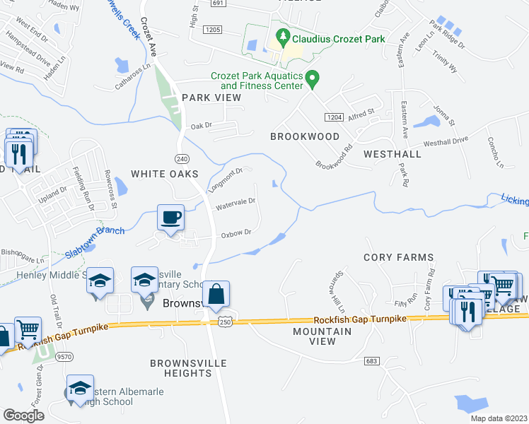 map of restaurants, bars, coffee shops, grocery stores, and more near 5465 Oxbow Drive in Charlottesville