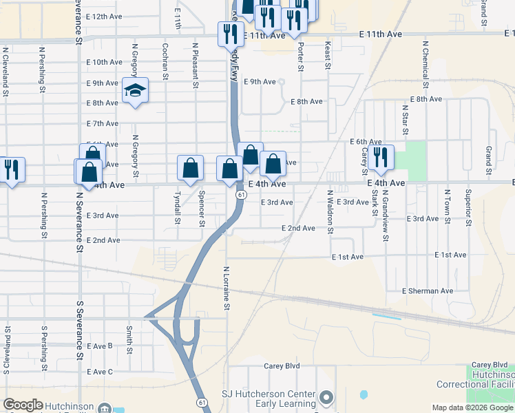 map of restaurants, bars, coffee shops, grocery stores, and more near 219 Hoagland St in Hutchinson
