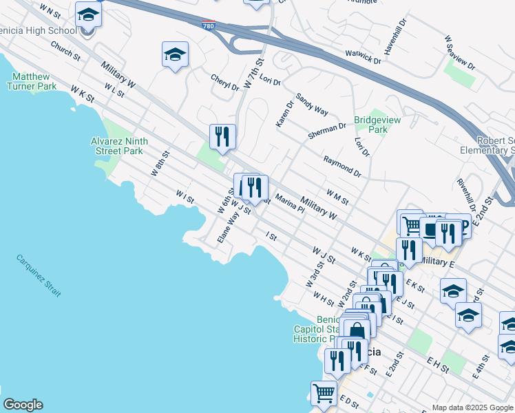 map of restaurants, bars, coffee shops, grocery stores, and more near 1025 West 5th Street in Benicia