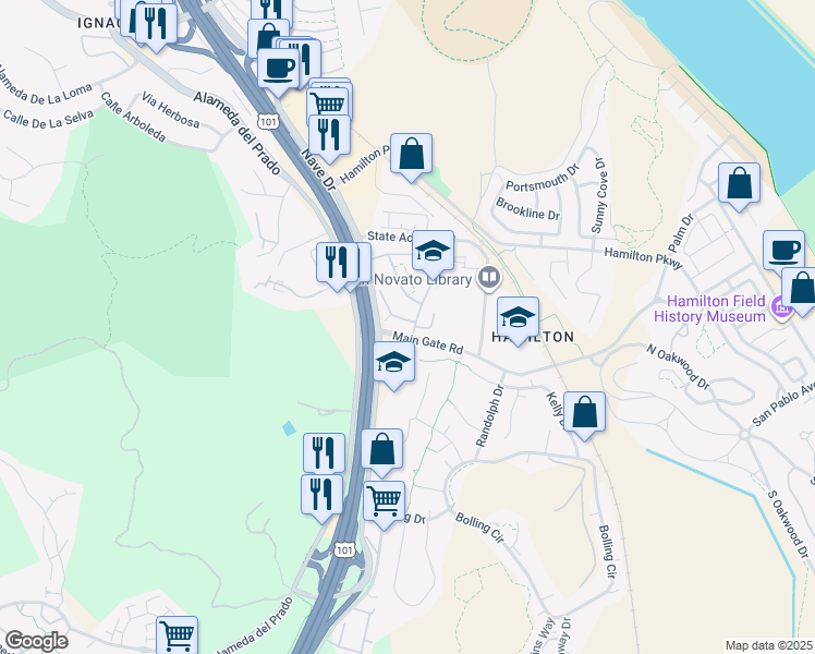 map of restaurants, bars, coffee shops, grocery stores, and more near 5 Livingston Court in Novato