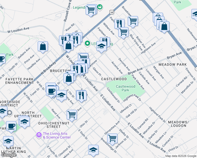 map of restaurants, bars, coffee shops, grocery stores, and more near 160 Glenn Place in Lexington
