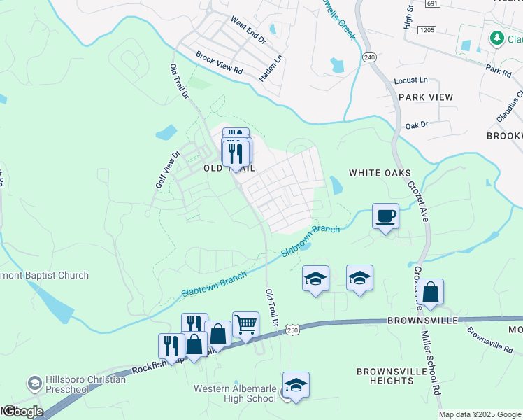 map of restaurants, bars, coffee shops, grocery stores, and more near Wheatfield Court in Crozet