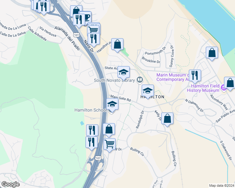 map of restaurants, bars, coffee shops, grocery stores, and more near 5 Livingston Court in Novato