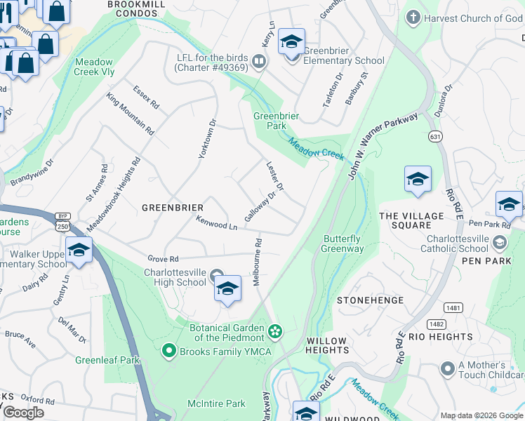 map of restaurants, bars, coffee shops, grocery stores, and more near 1708 Galloway Drive in Charlottesville