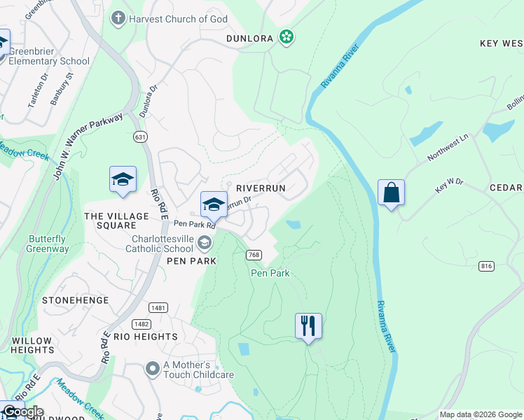 map of restaurants, bars, coffee shops, grocery stores, and more near 746 Exton Court in Charlottesville