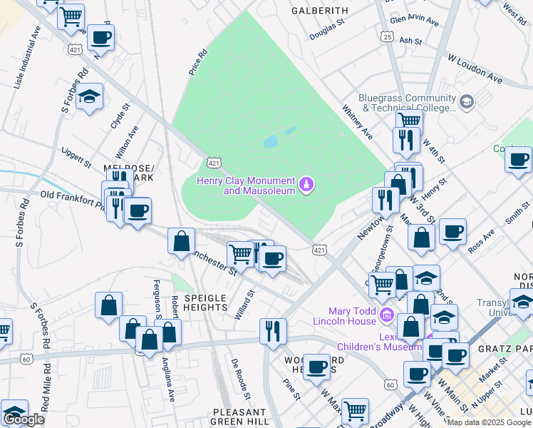 map of restaurants, bars, coffee shops, grocery stores, and more near 858 West Main Street in Lexington