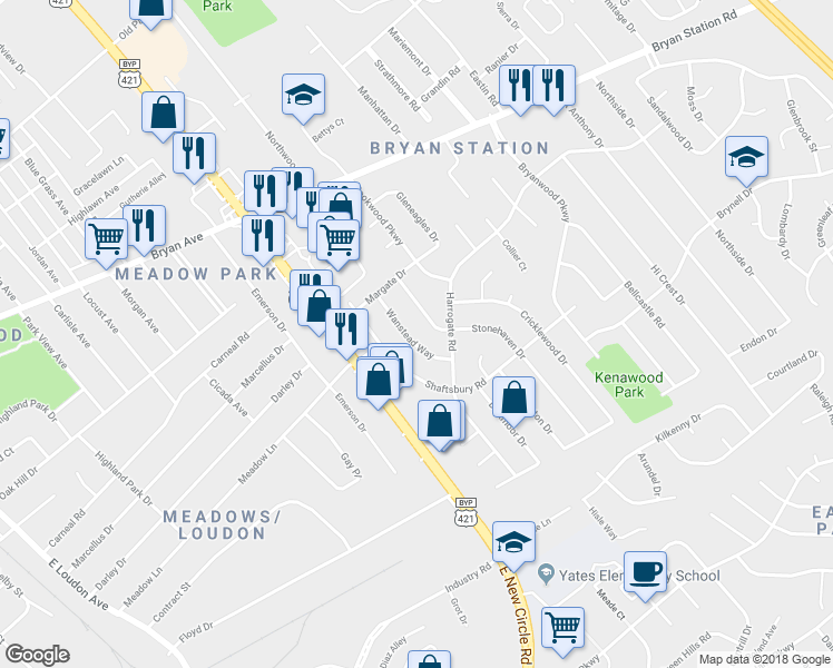 map of restaurants, bars, coffee shops, grocery stores, and more near 503 Wanstead Way in Lexington