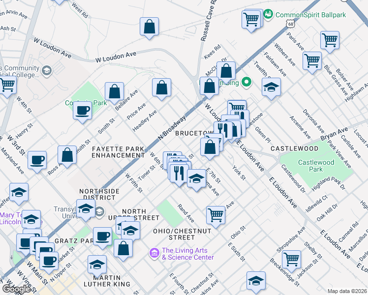 map of restaurants, bars, coffee shops, grocery stores, and more near 668 Elsmere Park in Lexington