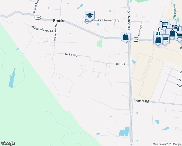 map of restaurants, bars, coffee shops, grocery stores, and more near 463 Griffis Lane in Brooks