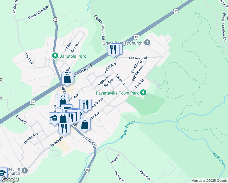 map of restaurants, bars, coffee shops, grocery stores, and more near 418 E Maple Ave in Fayetteville