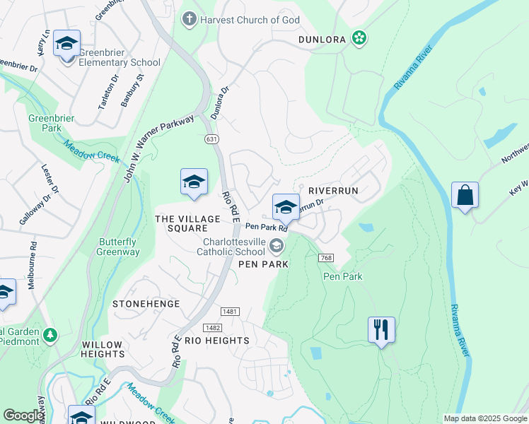 map of restaurants, bars, coffee shops, grocery stores, and more near 1200 Chatham Ridge in Charlottesville