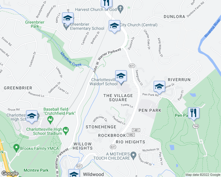 map of restaurants, bars, coffee shops, grocery stores, and more near 978 Towne Lane in Charlottesville