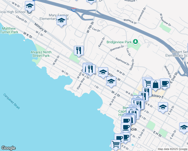 map of restaurants, bars, coffee shops, grocery stores, and more near 1025 West 5th Street in Benicia