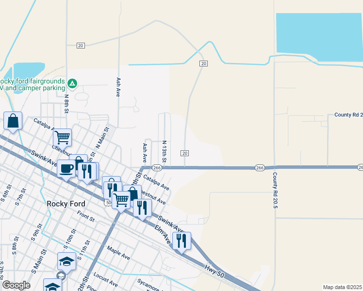 map of restaurants, bars, coffee shops, grocery stores, and more near 29113 County Road 20 in Rocky Ford