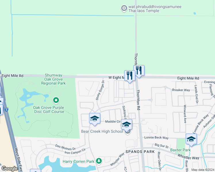 map of restaurants, bars, coffee shops, grocery stores, and more near 10794 Pleasant Valley Circle in Stockton