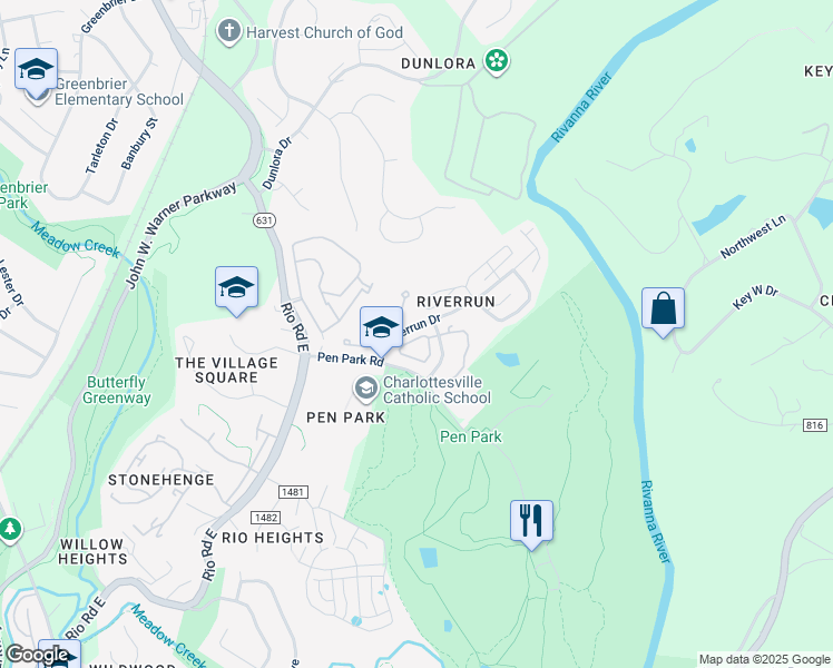 map of restaurants, bars, coffee shops, grocery stores, and more near 786 Merion Greene in Charlottesville